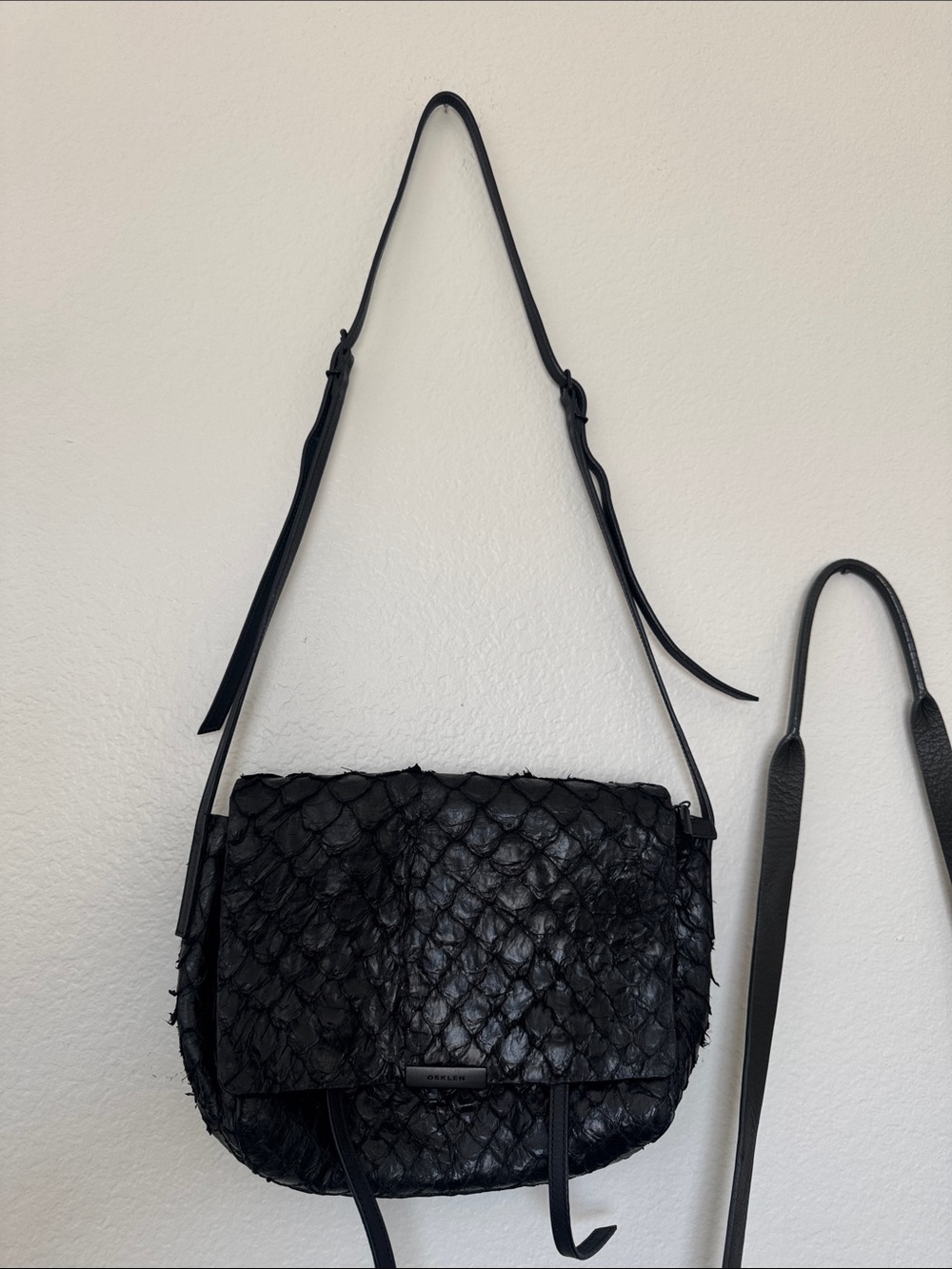 Osklen Pirarucu rare fish leather Black Crossbody Bag with Adjustable Strap